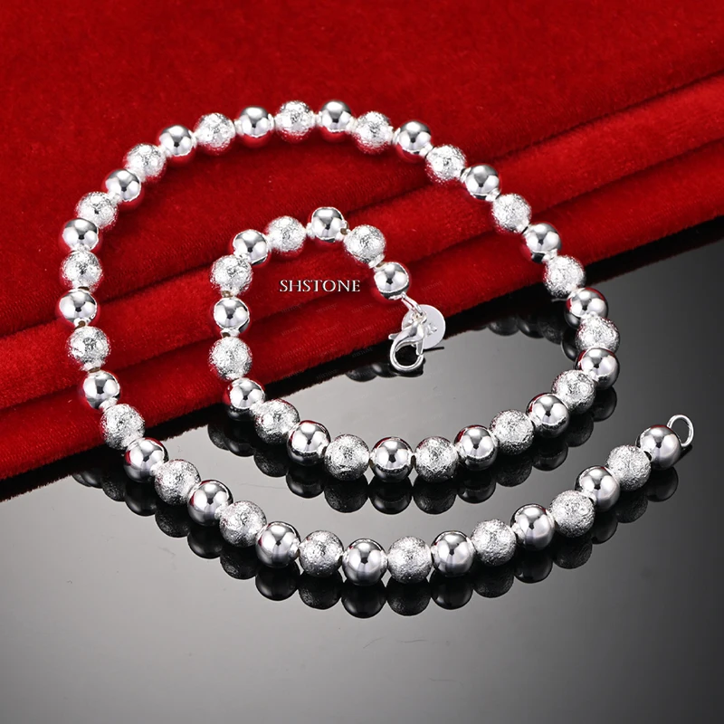 

45cm 925 Sterling Silver 8mm Smooth Frosted Bead Necklace For Men Women Fashion Elegant Jewelry Gifts Accessories Wedding Party