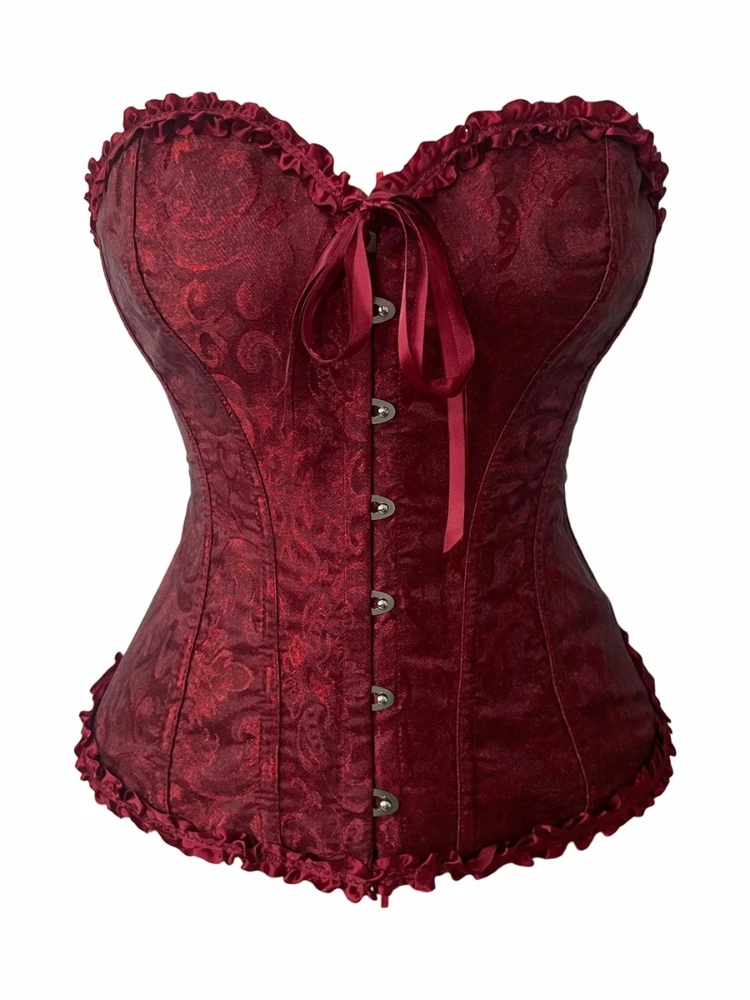 Weinrotes Overbust-Korsett aus Jacquard, trägerlos, mit Rüschen vorne, Schnürung hinten, tailliert, für Party- und Clubwear – Detail 1