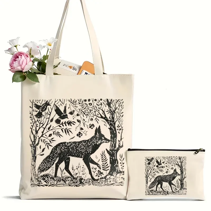 2Pcs Folklore Forest Fox Lino Pattern Tote Bag, Canvas Simple Fashion Shoulder Bag, Trendy Travel Shopping Handbag