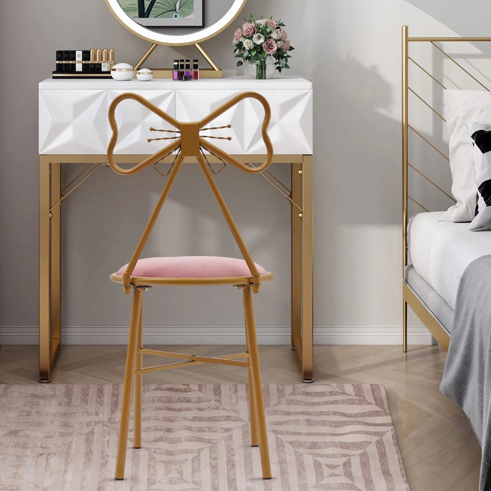 Pink Bow Backrest Princess Chair Modern Butterfly Shaped Armless Makeup Vanity Chair with Metal Frame & Sponge Cushion