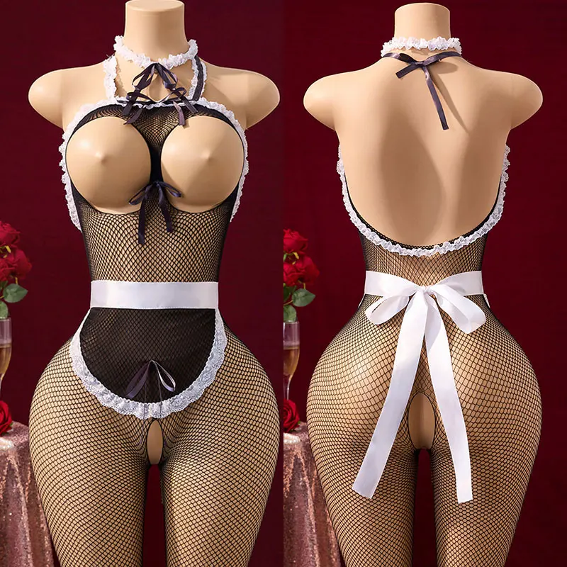 欲望セックスプレイ クロッチレスコスチューム 大人向けコスプレ ポルノメイドタイツ シアーランジェリー ボディスーツ オープンブレスト セクシーユニフォーム 誘惑