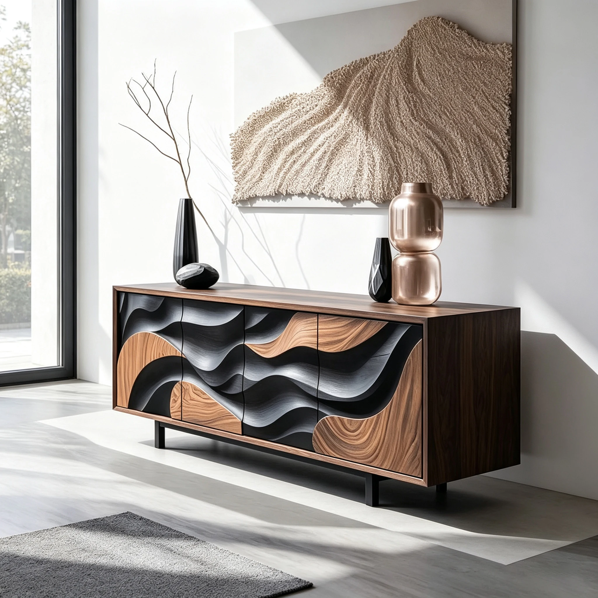 M*-Dual Tone Wave Sculpt Fiberglass Sideboard Walnut Grain Matte Black Interleaved Panel 4 Door Home Storage Cabinet
