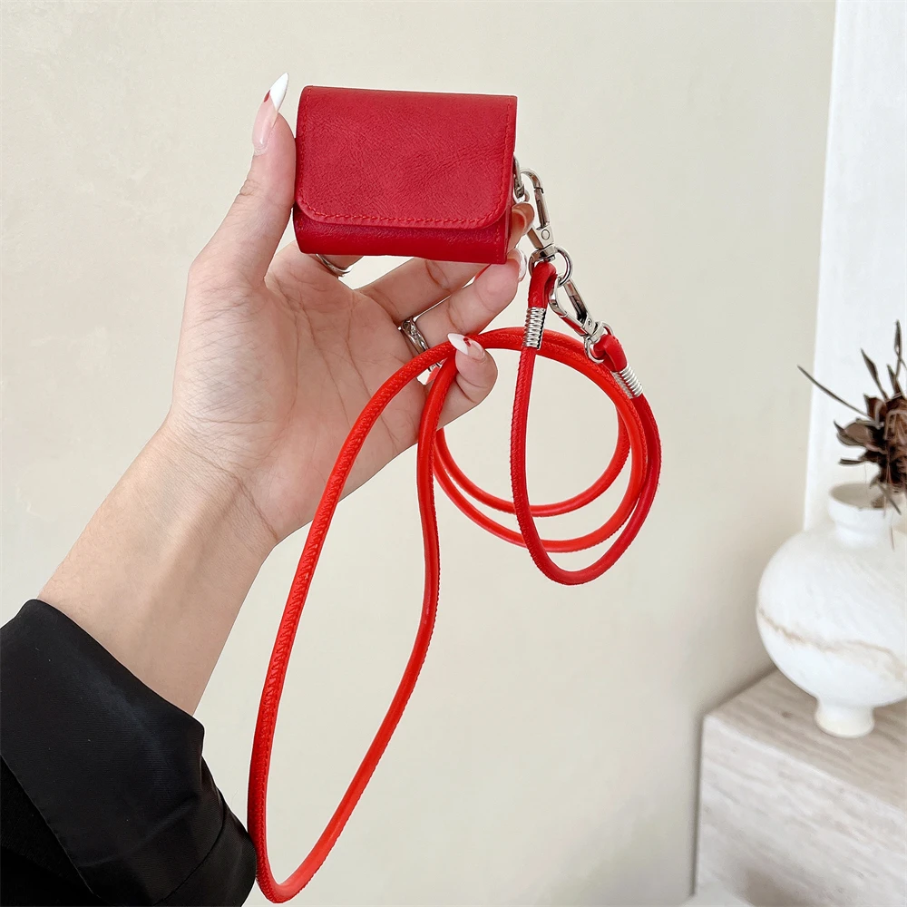 Business Style PU Leather Earpods Case for Apple Airpods 1 2 3 4 Pro 2 Wireless Earphone Cover Charging Bag Lanyard Rope Strap