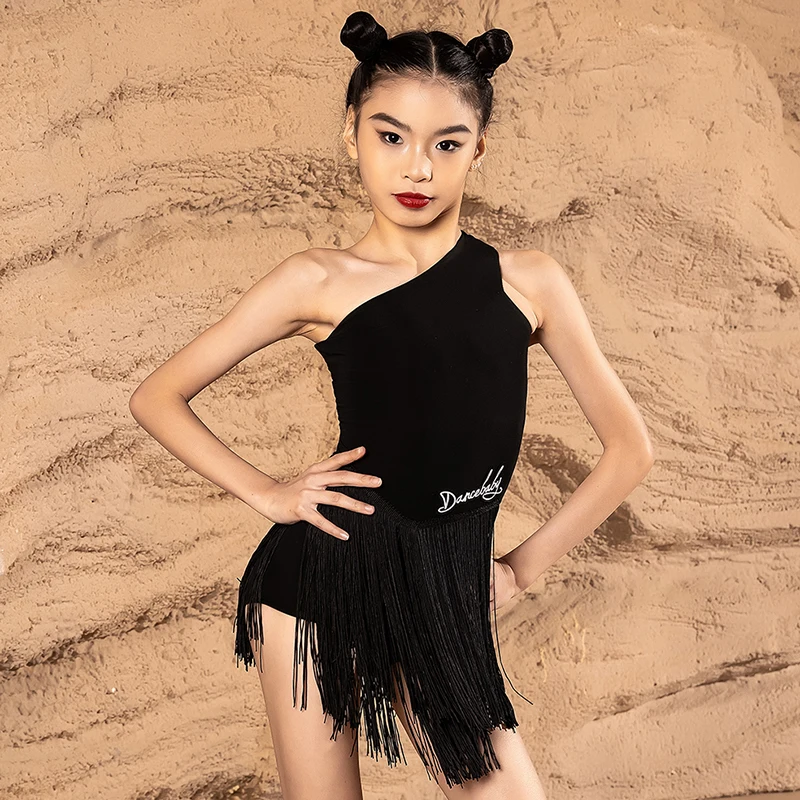 Kids Girls Professional Bodysuit Dancewear Slanted Collar Tassels Backless Latin Dance Costume Training Performance Costume