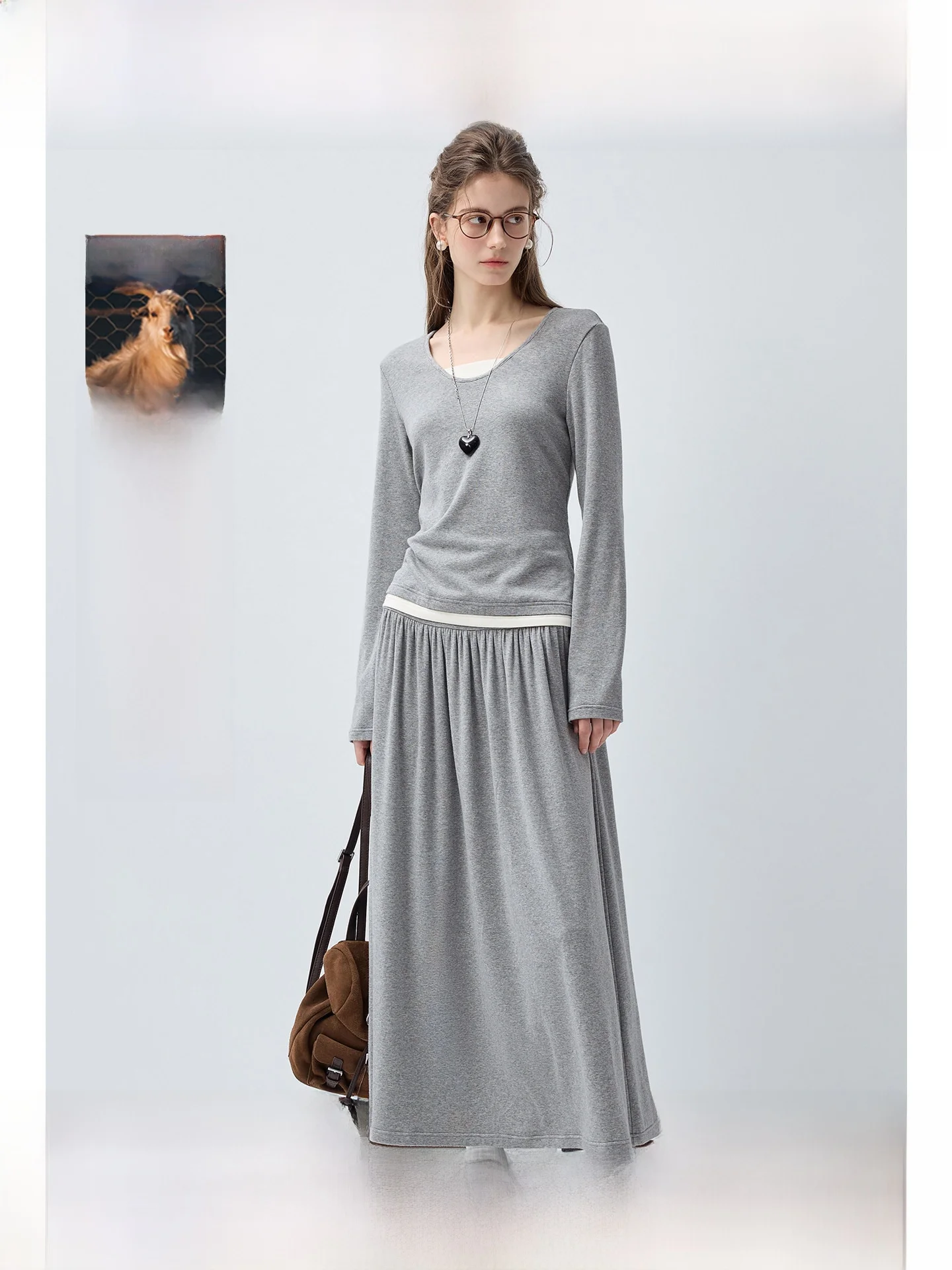 

Large Size Women's Woolen Shoulder Length Set Spring Versatile plus Size MM Skirt Long Sleeve Artistic Commute Style