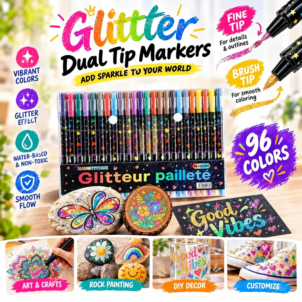 12-48 PCS Dual Brush Tip Glitter Art Markers Metallic Paint Marker Set Pens for DIY Crafts Cards Making Poster Album Scrapbook