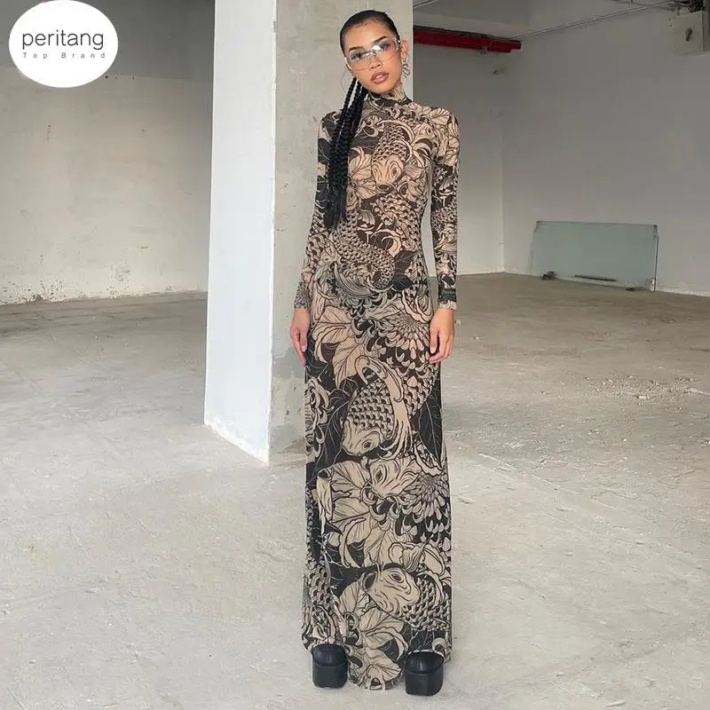 

PERITANG Women 2024 Autumn Winter Long Sleeve Mesh See Through Streetwear Bodycon Long Dress Wholesale Items For Business