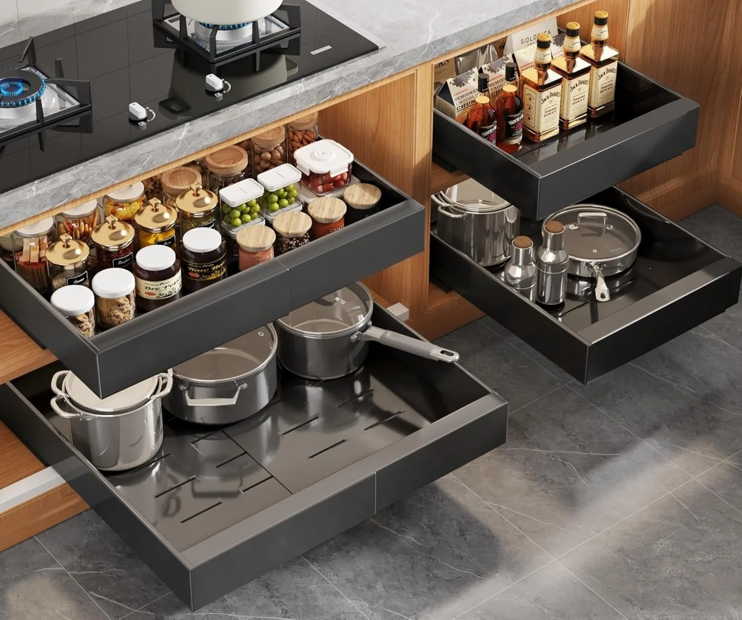 Expandable Pull Out Cabinet Organizer for Framed Cabinets,Upgrade 3 Slide Rails Slide Out Drawers,No Drill Roll Out Shelves