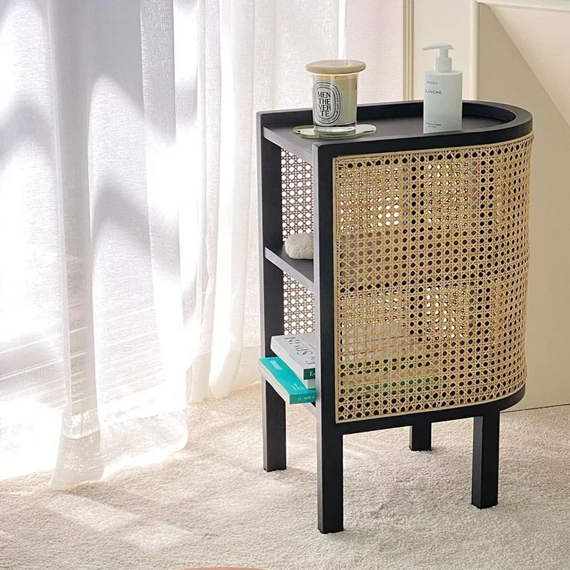 Retro Rattan Woven Coffee Table, Living Room Center Table, Double Layer, Night Stand, Nordic Solid Wood, Home Furniture