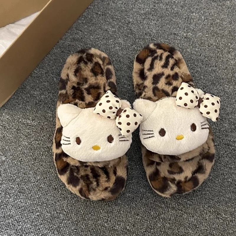 Sanrio Hello Kitty fashion cartoon leopard print cotton slippers women's autumn and winter new thick-bottomed non-slip slippers