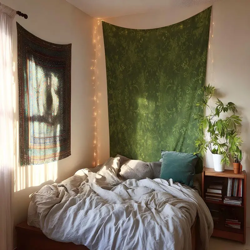 VIKAMA Retro Green Flower Tapestry Bohemian Polyester Wall Hanging Bedroom Dorm Living Room Soft Washable Durable Cozy Aesthetic