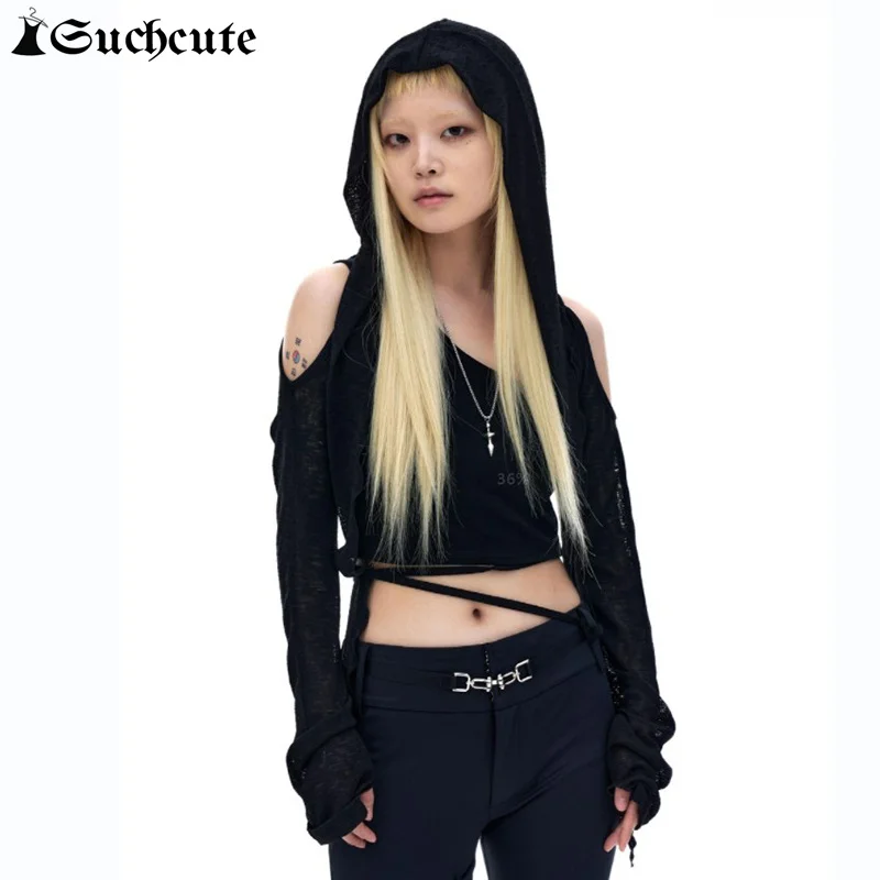 

SUCHCUTE Off-shoulder Korean Streetwear Black Hoodies Cardigan Women White Sun Protection Coat Slim Summer Long Sleeve Crop Top