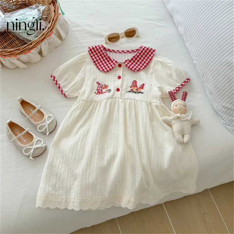 

Girls Dress New25Summer Baby Girl Dress Doll Collar Embroidered Bunny Short Sleeve Dress