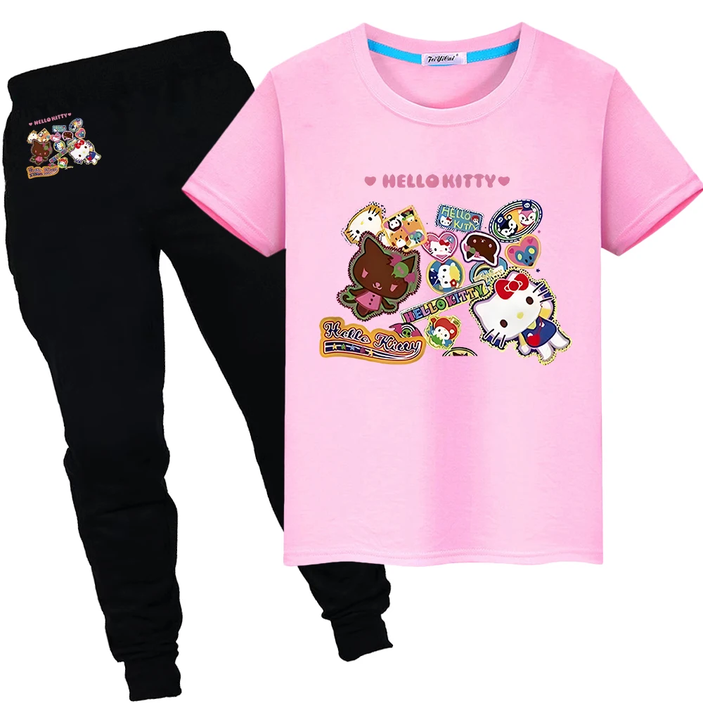 hello kitty Print 100%Cotton Kawaii Cute T-shirt Summer Sports Sets anime Tshirts Short+pantkid holiday gift boys girls clothes image 3