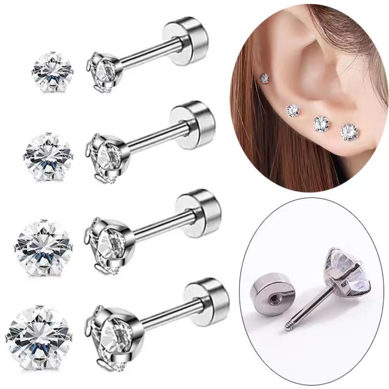 1Pair Classic Flat Back Screw Studs Stainless Steel Small Tiny Crystal Studs Earrings Women Men Piercing 4 Prong Tragus Earrings