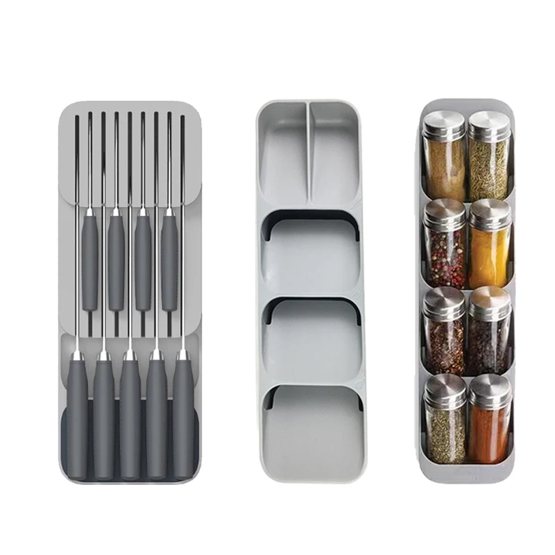 Kitchen Drawer Cutlery Storage Tray Knife Holder Spoon Forks Tableware Organizer Container For Spice Bottles Knives Block Rack