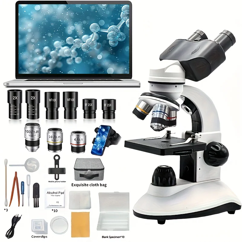 

40X-5000X Zoom Microscope with Slides & Phone Adapter, Lab/School/Home Use, Professional Optical Instrument