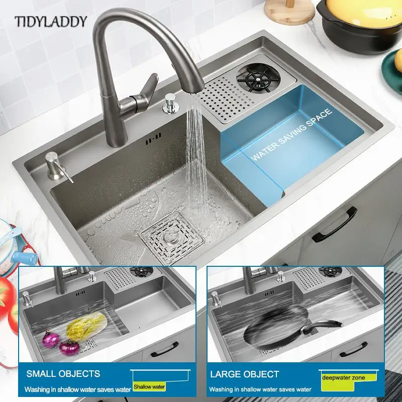 Grey Drop In Kitchen Sink Workstation Undermount Single Bowl 304 Stainless Steel Kitchen Sink with Drain Basket Accessories