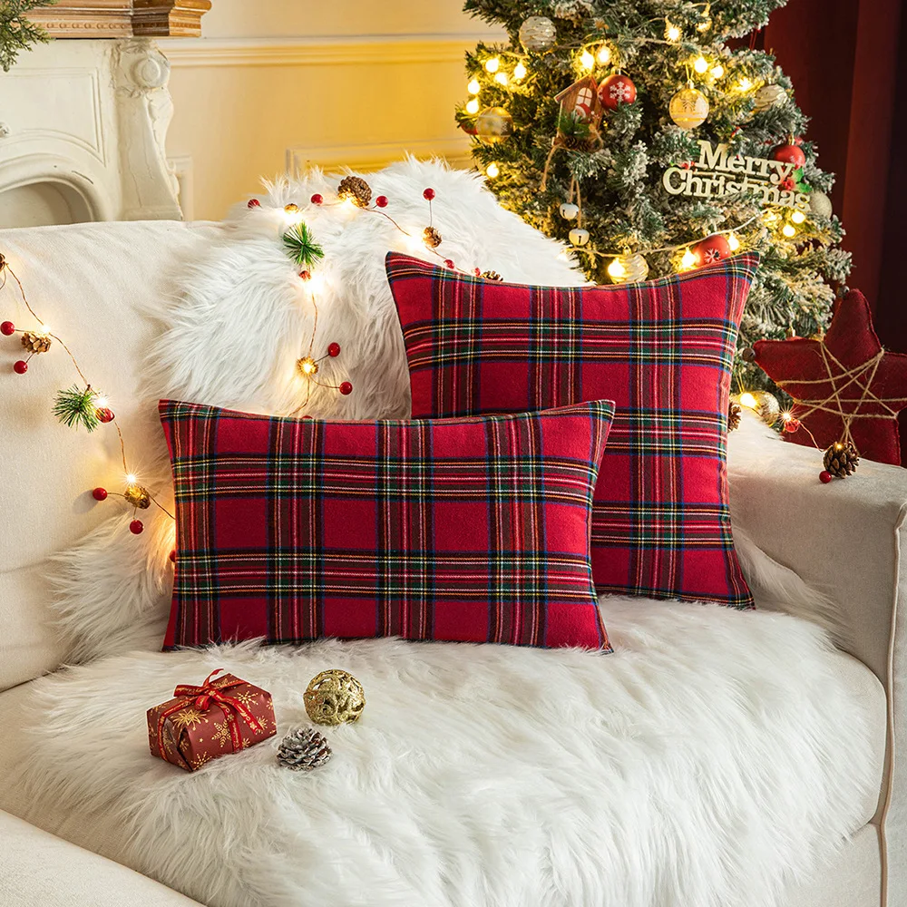 1PC Christmas Pillow Case Holiday Sofa Pillow Cover Green Grid Christmas Cushion Cover Without Pillow Insert