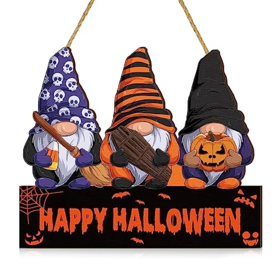 Halloween Hanging Sign Gnome Door Hanger Wooden Decorative Hanging Halloween Sign Rustic Happy Door Decor for Porch Home Wall F