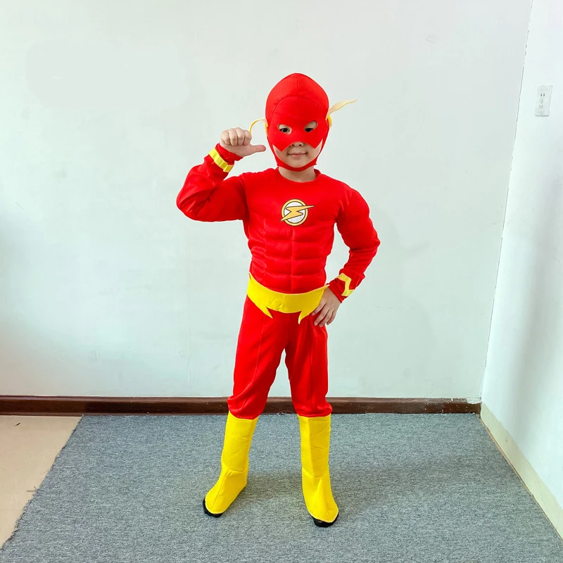 Bé Trai Cao Cấp Flash Trang Phục Lạ Mắt Đầm Trẻ Em Bộ Phim Carnival Hóa Trang Halloween Flash Trang Phục Hóa Trang Mặt Nạ Dây Giày 3-12Y