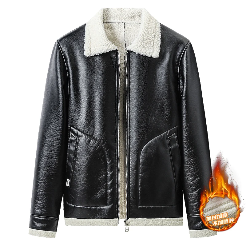 

Male Leather Jacket Winter Fleece Coat Classic Lapel Retro Warm Fleece Bomber Zipper Jacket Mens High Quality Casual Fashion