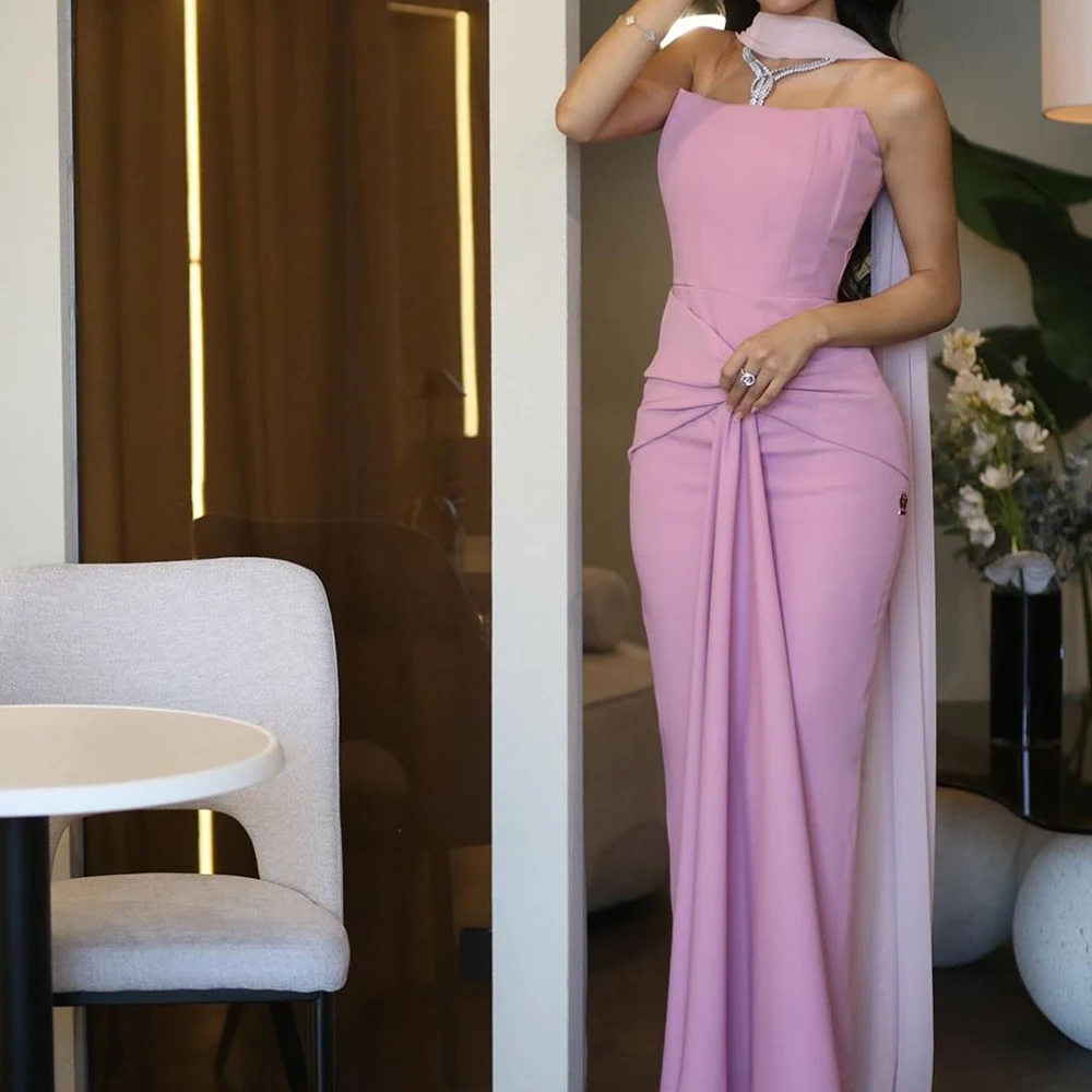 

Dubai Evening Caftan Dress Floor Length Straight Jersey Sleeveless Pleats Sweep Train Solid Color Dresses For Formal Occasions