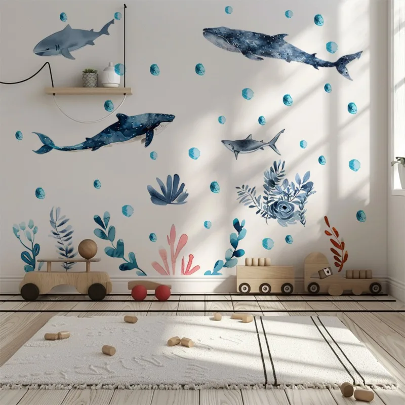 Undersea Marine Life Shark Whale Wall Stickers Ocean Underwater Animals Wall Decals for Kids Room Baby Bedroom Nursery Decor