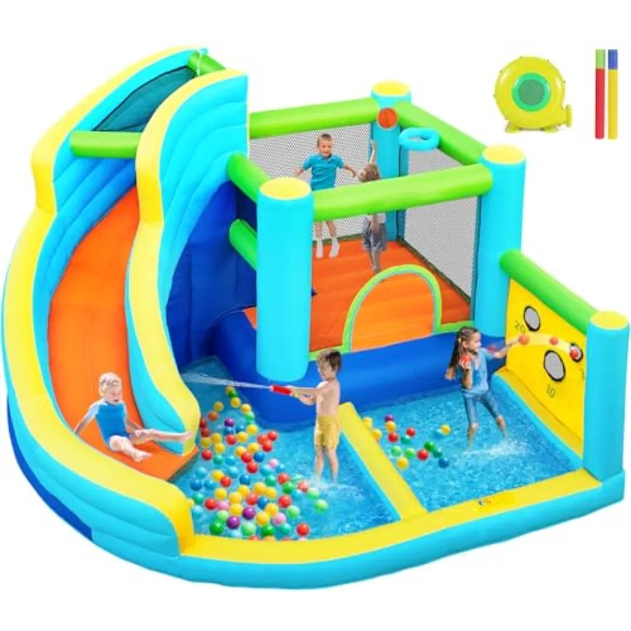 

Inflatable Bounce House Water Slide Park with Ball Shooting Climbing Wall Jumping Splash Pool Bouncy Castle Outdoor Backyard Re