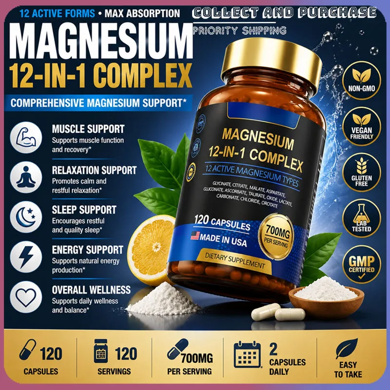 Non-GMO Magnesium Complex 700mg with 12 Active Forms High Absorption 120 Capsules Gluten Free Vegan Supplement for Optimal Healt