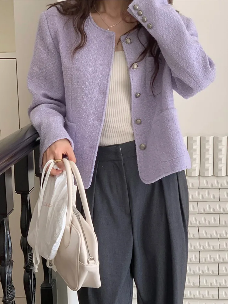 

Elegant Tweed Short Blazers Coat Women 2025 New autumn Fashion Vintage O Neck Single Breasted Jacket Korean Office Casual Coats