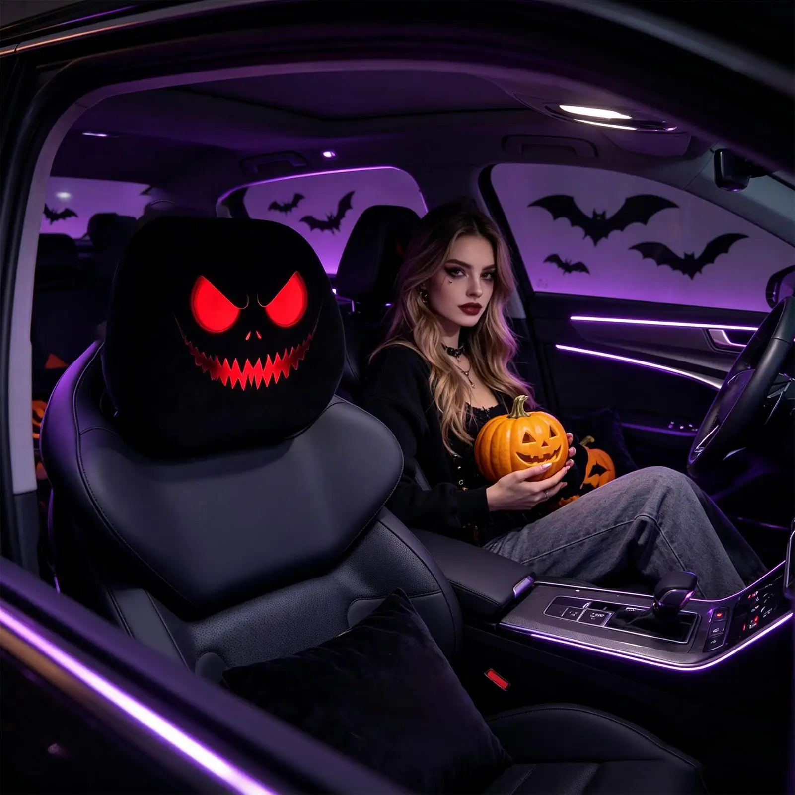 Ghost Headrest Covers Spooky Scary Halloween Automotive Decoration Stretchy Seat Headrest Protector For RV Trailer Tractor ATV
