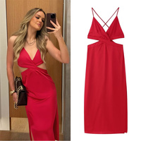 Women's Dresses Summer 2025 New Red Silk Satin Texture Long Dress Cutout Design Passionate and Sexy Personality Fashion