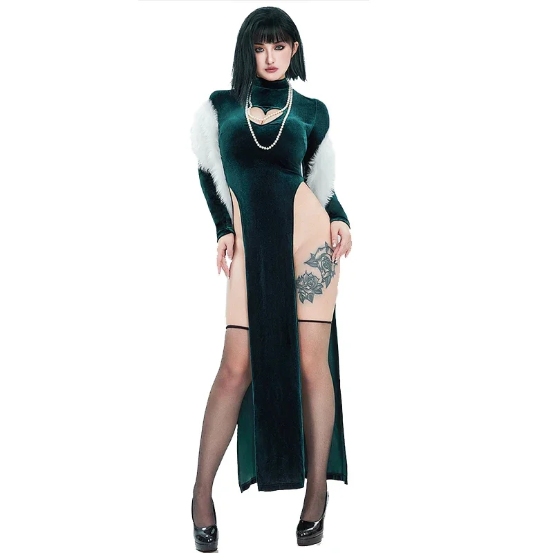 Vestido Sexy de capa peluda de terciopelo con collar, ropa Cheongsam Vintage de Navidad, disfraces de Cosplay de Anime ONE PUNCH-MAN Fubuki para mujer