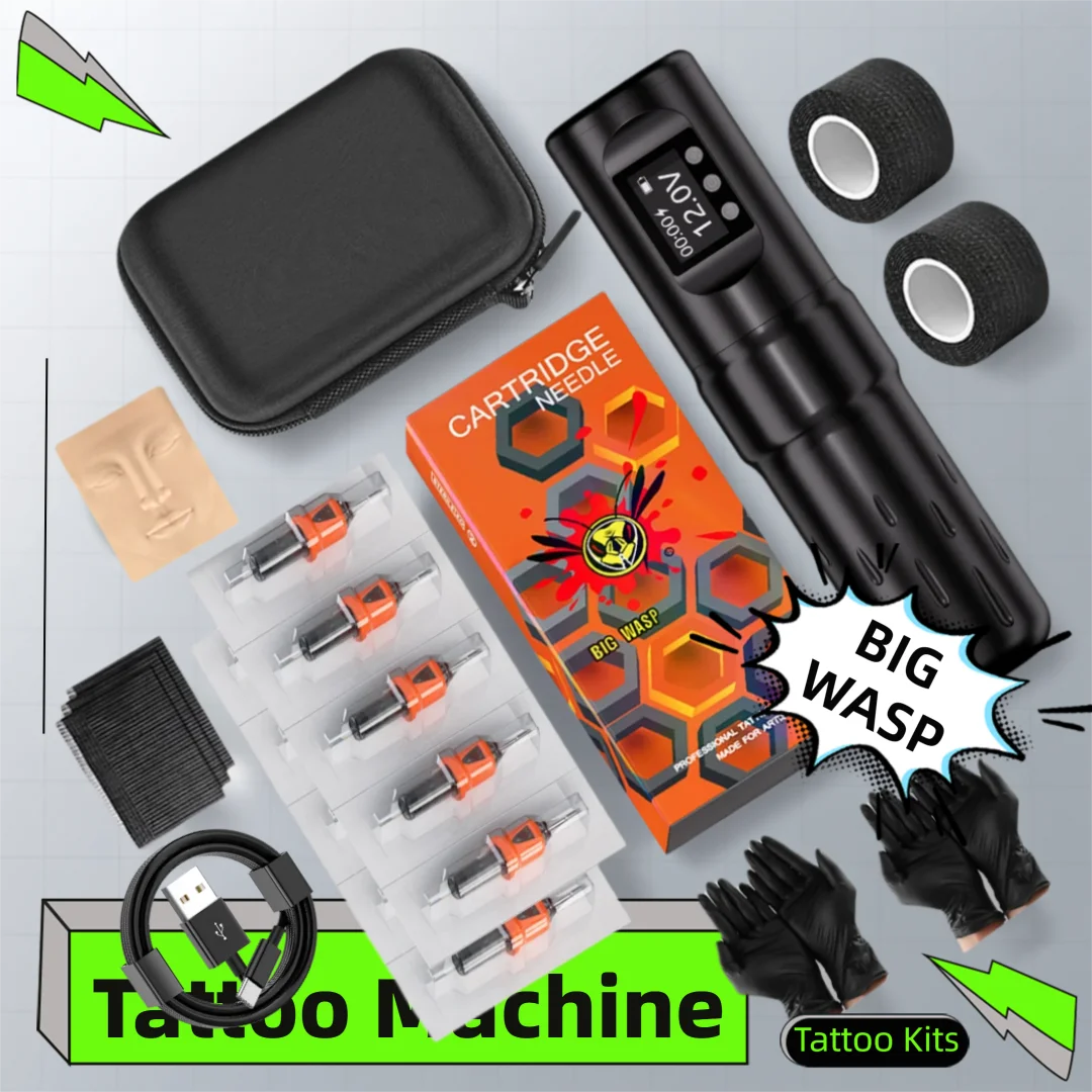 

BIGWASP V74 Wireless Tattoo Machine Kits Portable 1800mAh Battery Rotaty Tattoo Pen LED Digital Display For Tattoo Beginners