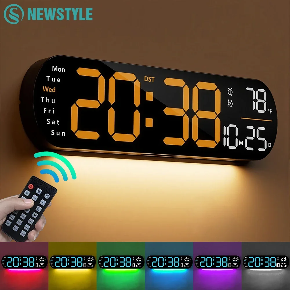 

Multifunctional LED Wall Clock with Ambient Lighting, Remote Control Timer and Alarm Functions Adjustable Brightness Wall Lamp