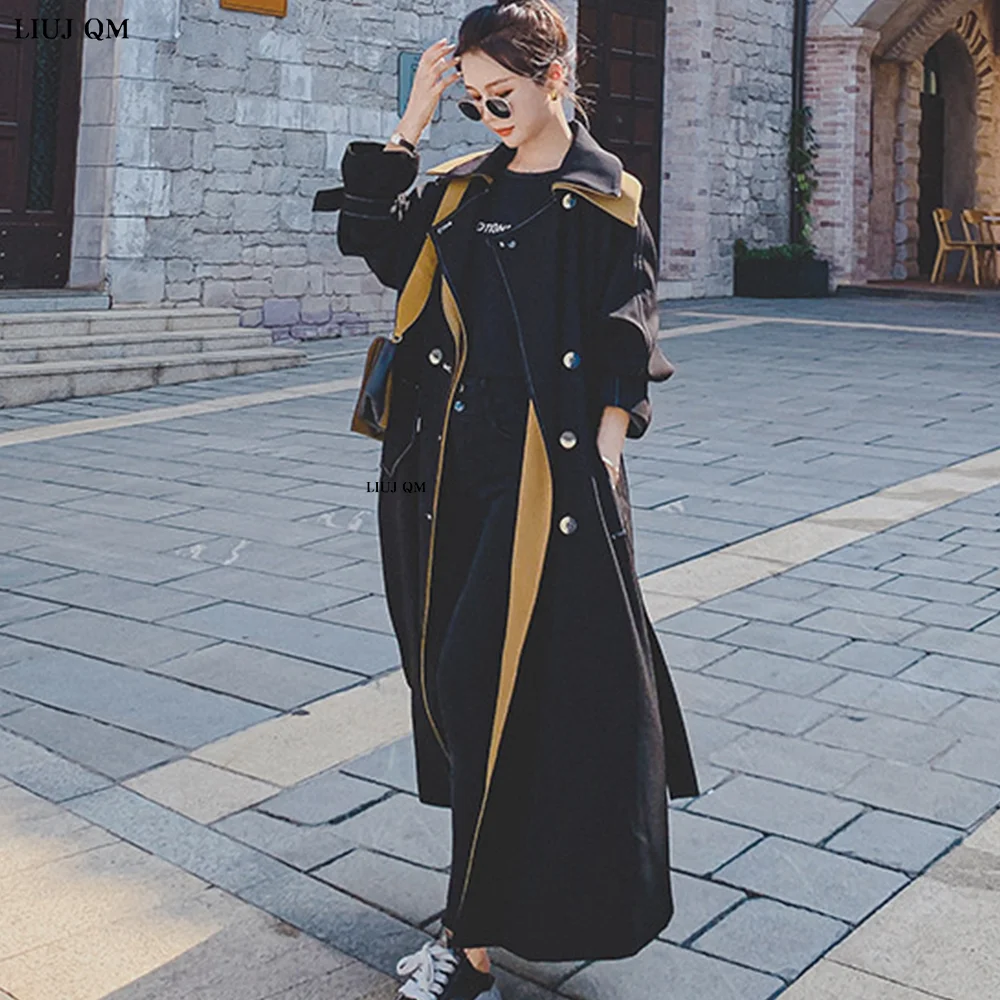 

Trench Coat For Women 2023 Spring New Stitching Color Lapel Double Breasted Fashion Long Belt Windbreaker Female Overcoat