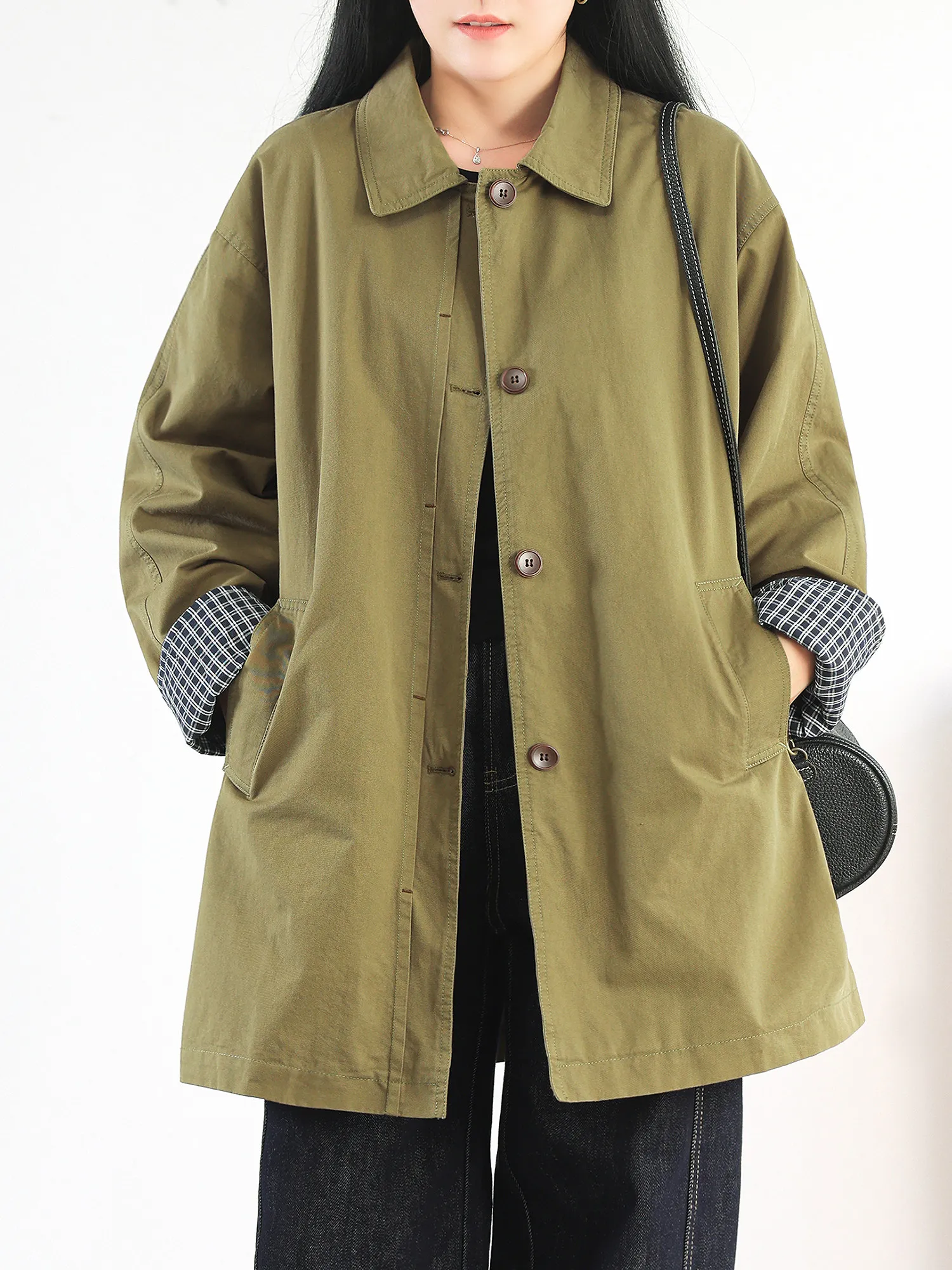 Spring and Autumn New Women's Windbreaker Coat Loose Casual Grid Splicing Oversize Windproof Coat