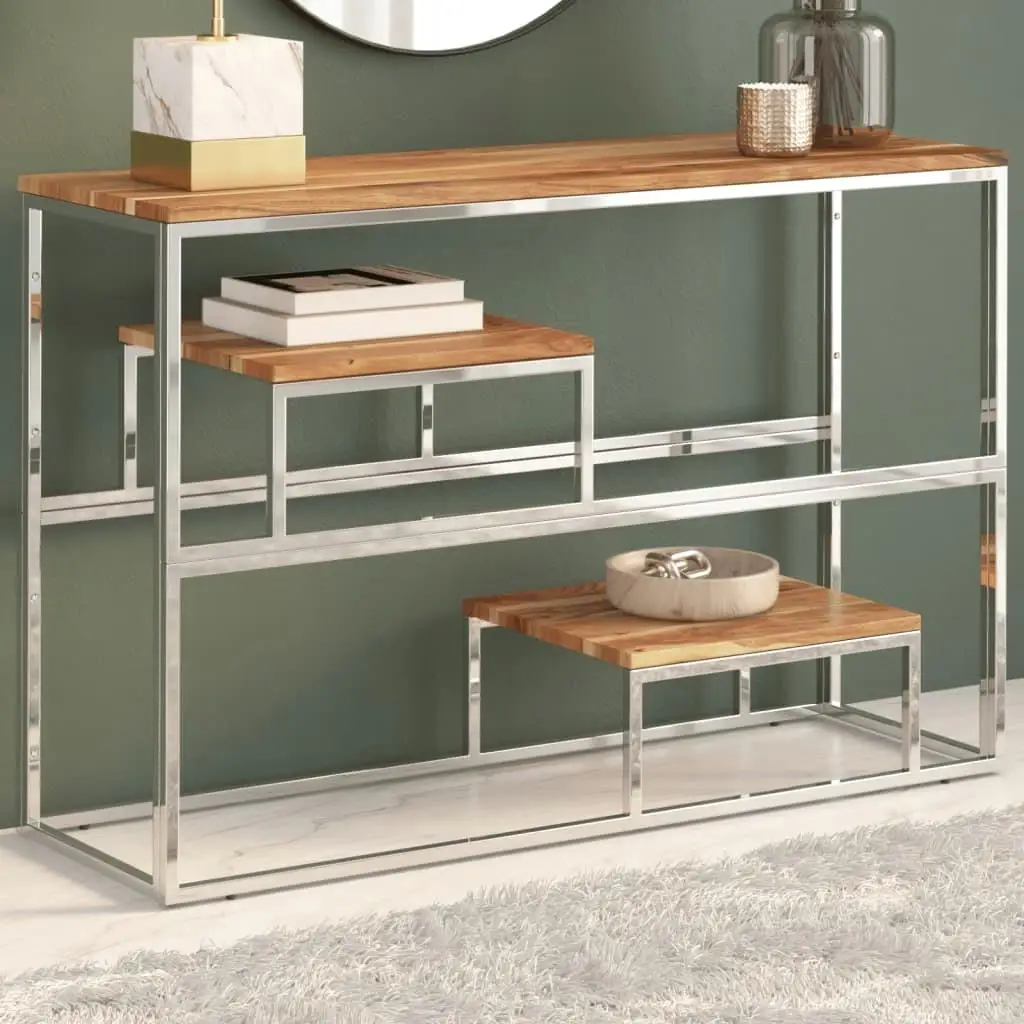 Modern Silver Stainless Steel Console Table with Solid Acacia Wood Top - Stylish Entryway Furniture