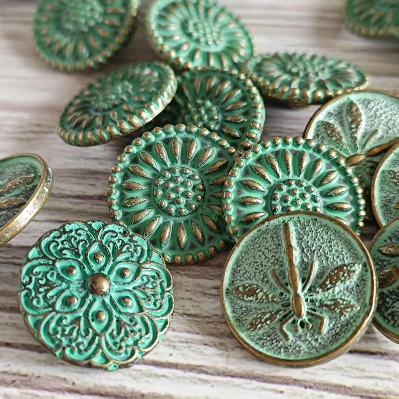15 green metal buttons in a 3-style set (dragonfly pattern, lotus pattern, mixed pattern) suitable for accessories, accessories - view 6