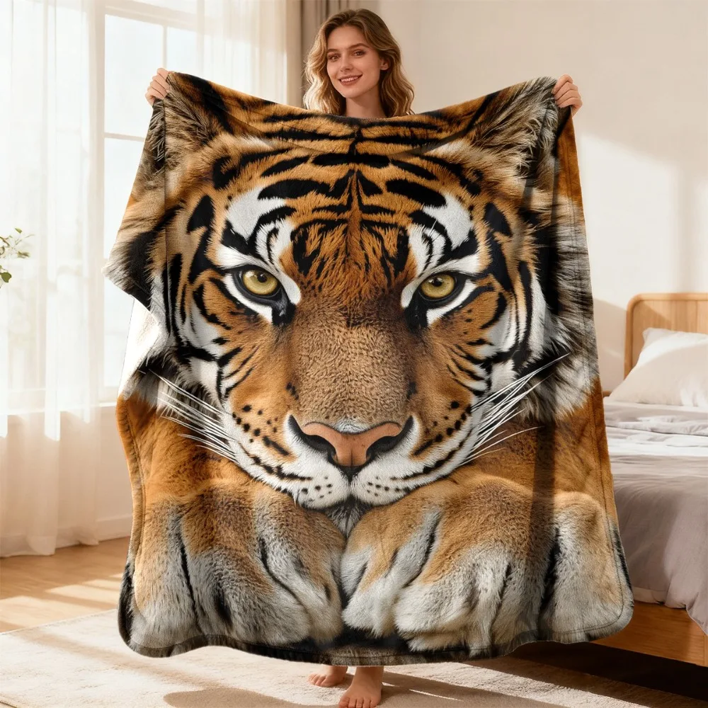 Luxury Tiger Stripe Bedspread - Soundwave Technology Pressed Flannel Bedspread Suitable for All-Season Use, Tiger Head Design Be