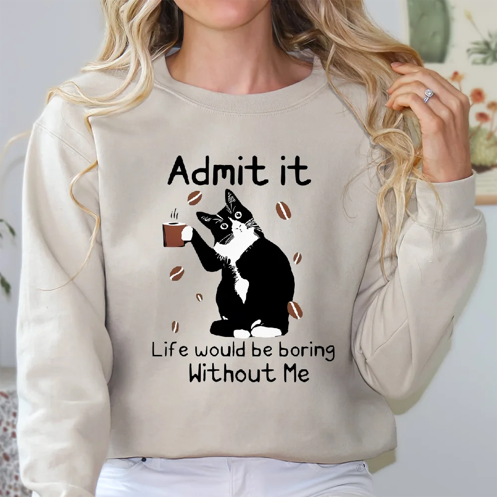 Aesthetic Sweatshirt Long Sleeves Stylish Pullover Y2K Graphic Hoodies Crew Neck Casual Daily Wear Funny Cat Meme Admit It