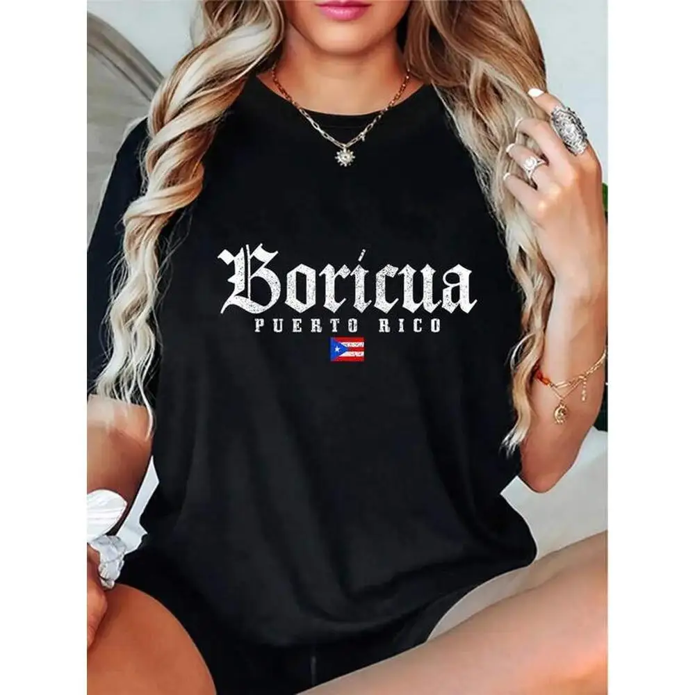 

Plus Size 100% Puerto Rico Boricua Pride T-Shirt - Vintage Flag Design, Black Casual Short Sleeve Tee for Women, Soft