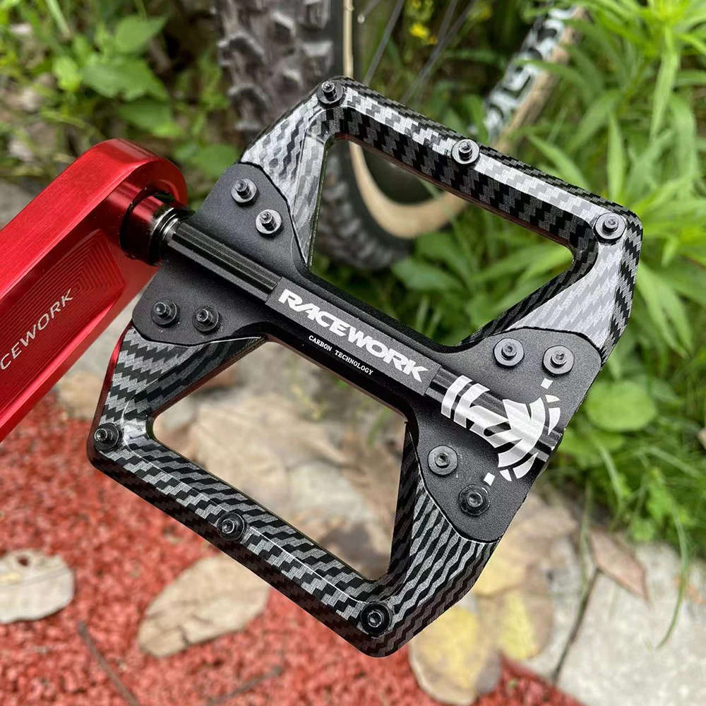 RACEWORK Bicycle Pedals 3 Bearings Mountain Road Bike Carbon Fiber Coating Ultralight Flat Pedal MTB Aluminum Alloy Nylon Pedal