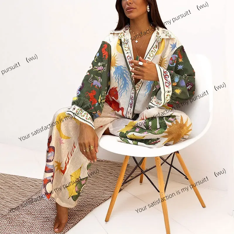 

ZOCI-Новая повседневная рубашка с v-образным вырезом и принтом, широкие брюки, женский весенний костюм, женский