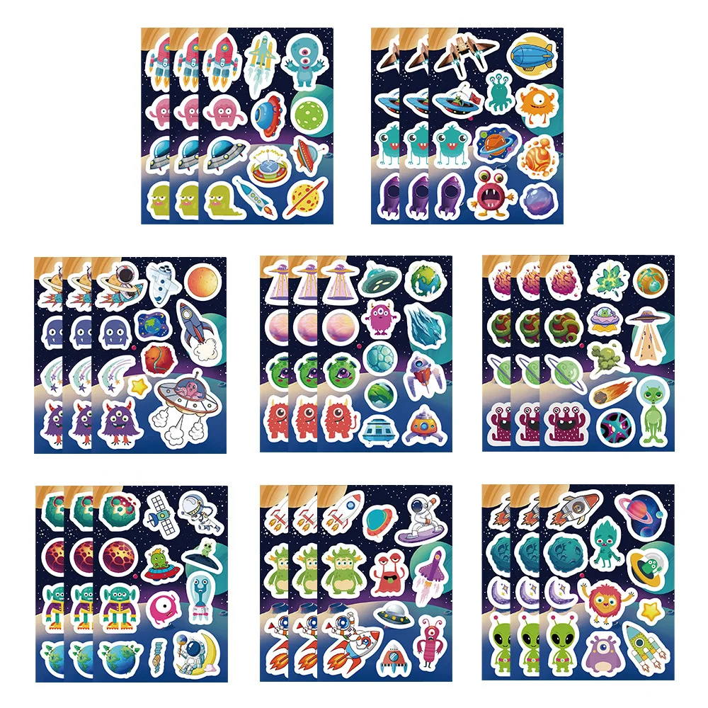 8 hojas/juego de pegatinas de grafiti del universo de imaginación espacial, cohete, alienígena, cuaderno de dibujos animados, teléfono, decoración DIY, pegatina adhesiva para niños