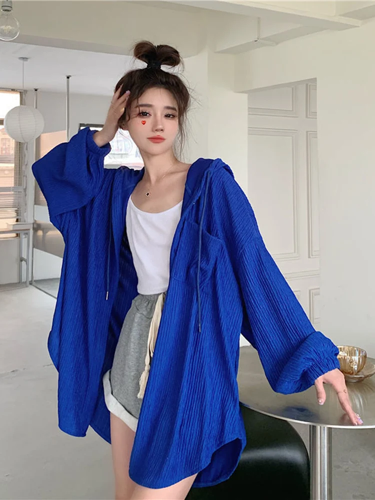 Zoki Lazy Wind Oversize Sun-Proof Shirt Women Casual Korean Hoodies Tops Long Sleeve Loose Preppy Style Summer Blouse Coats New