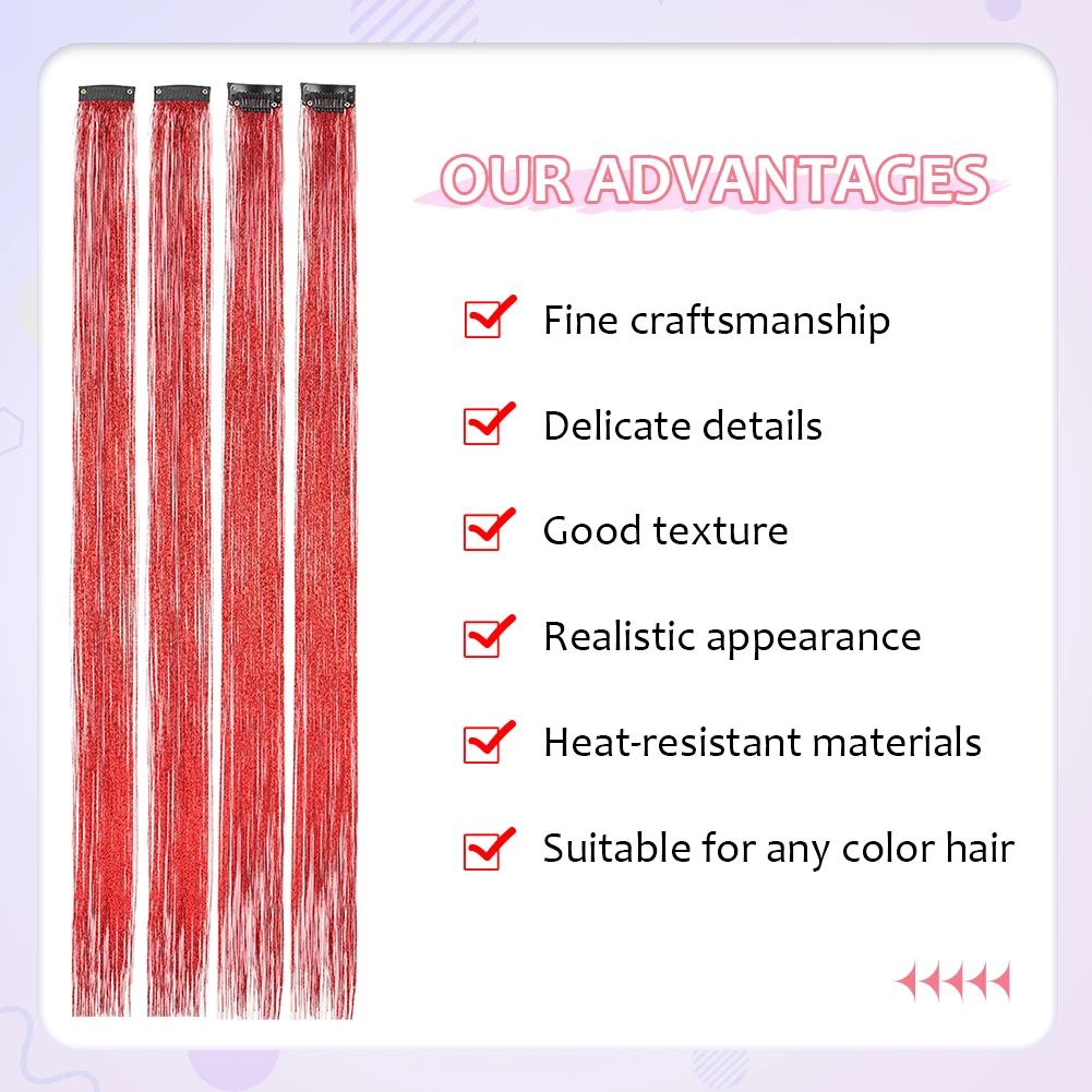 Clip in Hair Tinsel Synthetic 5Pcs/Pack Colorfull Tinsel Hair Extensions 22 Inch for Women Girls Party Christmas New Year Gift