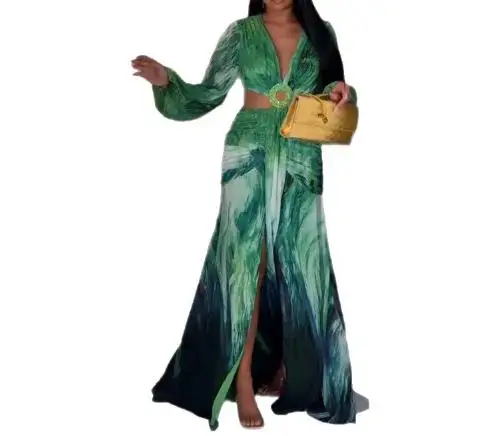 

Women's Dress 2025 Fashion Summer Latest Hot Selling New Women's Seaside Vacation Elegant Style Long Sleeve Split Printed Dress