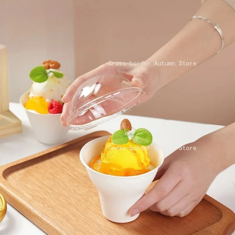 Yogurt Shaker Cup Disposable Pulp White Bowl with Lid Ice Cream Paper Cup Dessert Bowl Environmentally Friendly Biodegradable
